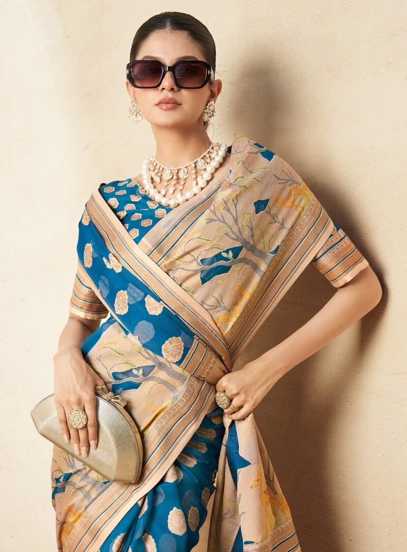 Dark Firozi Pure Georgette Floral Printed Saree - Image 4