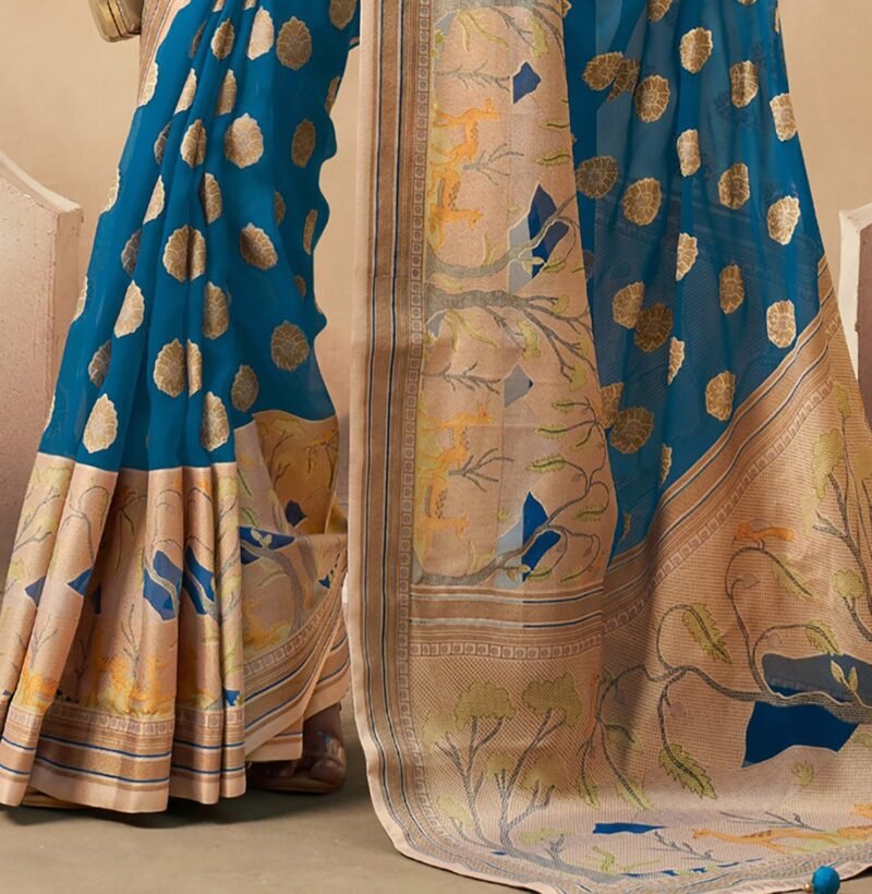 Dark Firozi Pure Georgette Floral Printed Saree - Image 2