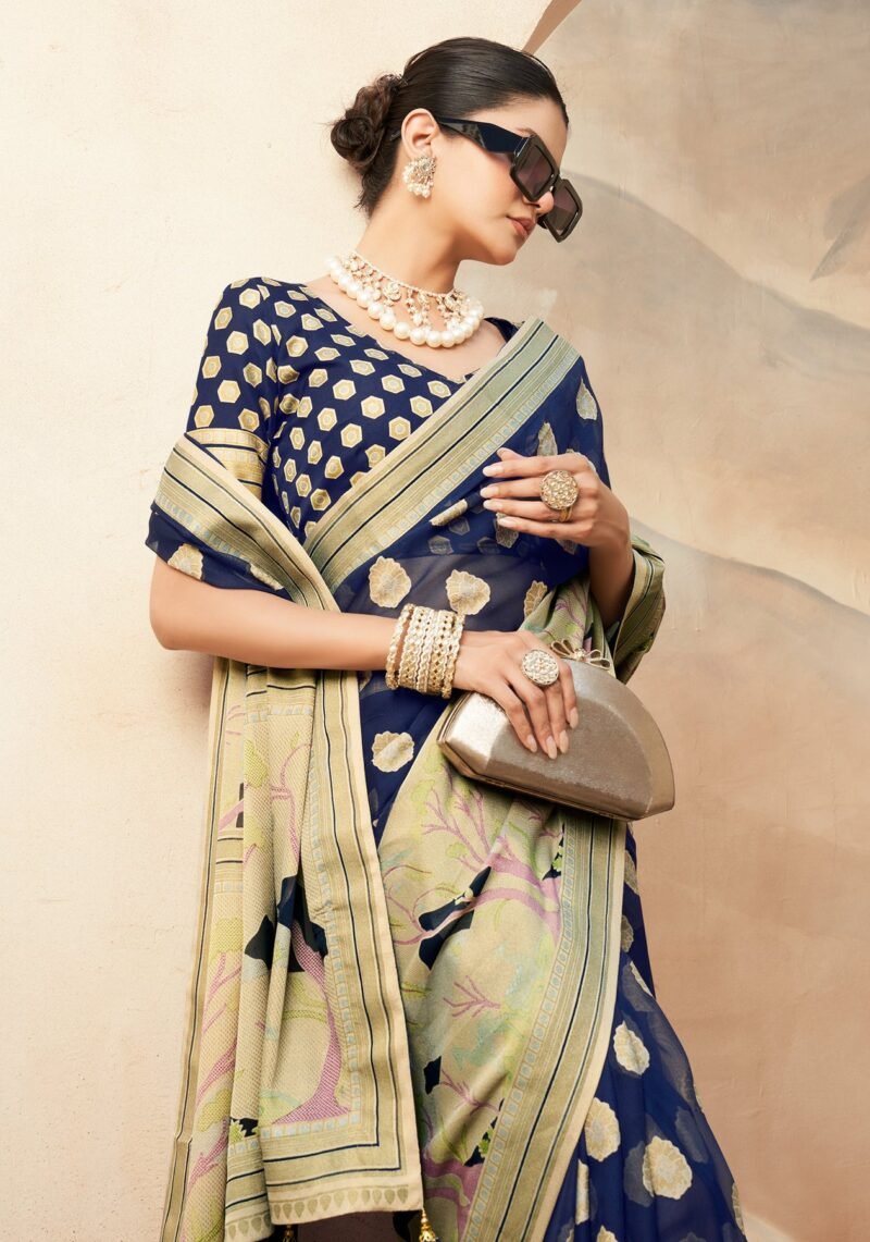 Navy Blue Pure Georgette Floral Printed Saree - Image 3