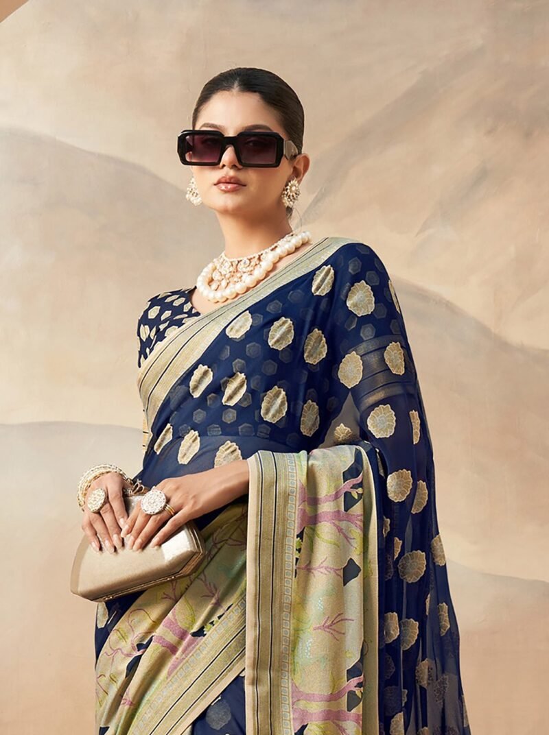 Navy Blue Pure Georgette Floral Printed Saree - Image 4
