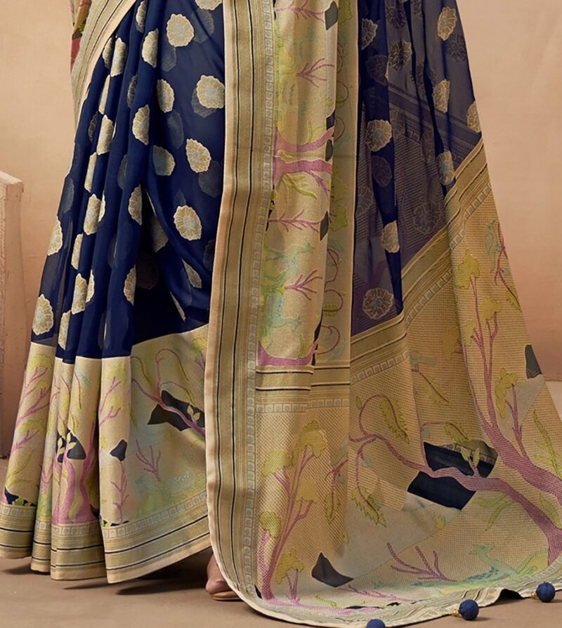 Navy Blue Pure Georgette Floral Printed Saree - Image 2