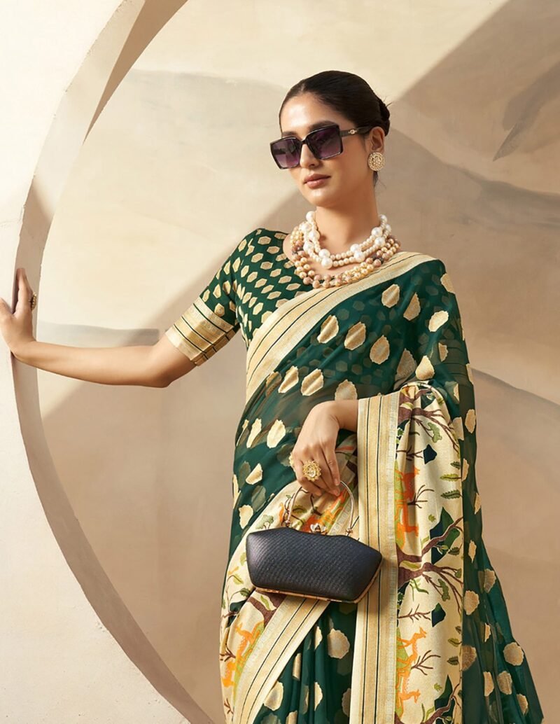 Dark Green Pure Georgette Floral Printed Saree - Image 3
