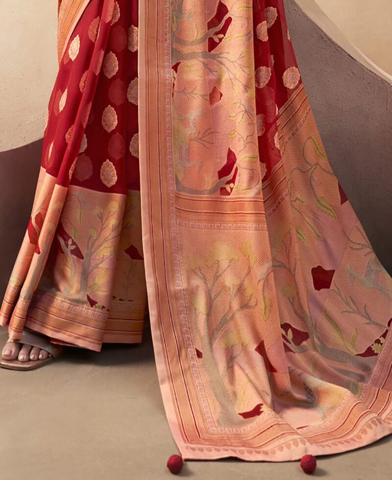 Red Pure Georgette Floral Printed Saree - Image 2