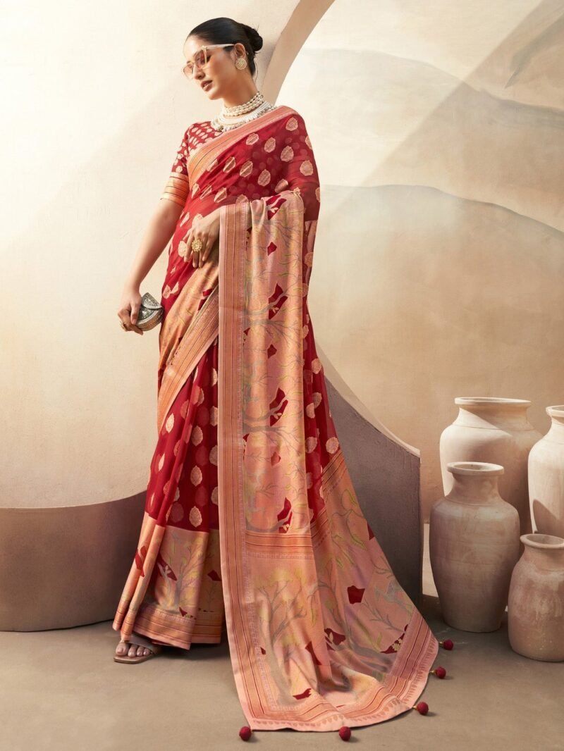 RCRW5207_8f22277b-3b47-42cf-95e5-45786f64098c_1800x1800 Red Pure Georgette Floral Printed Saree - Image 1