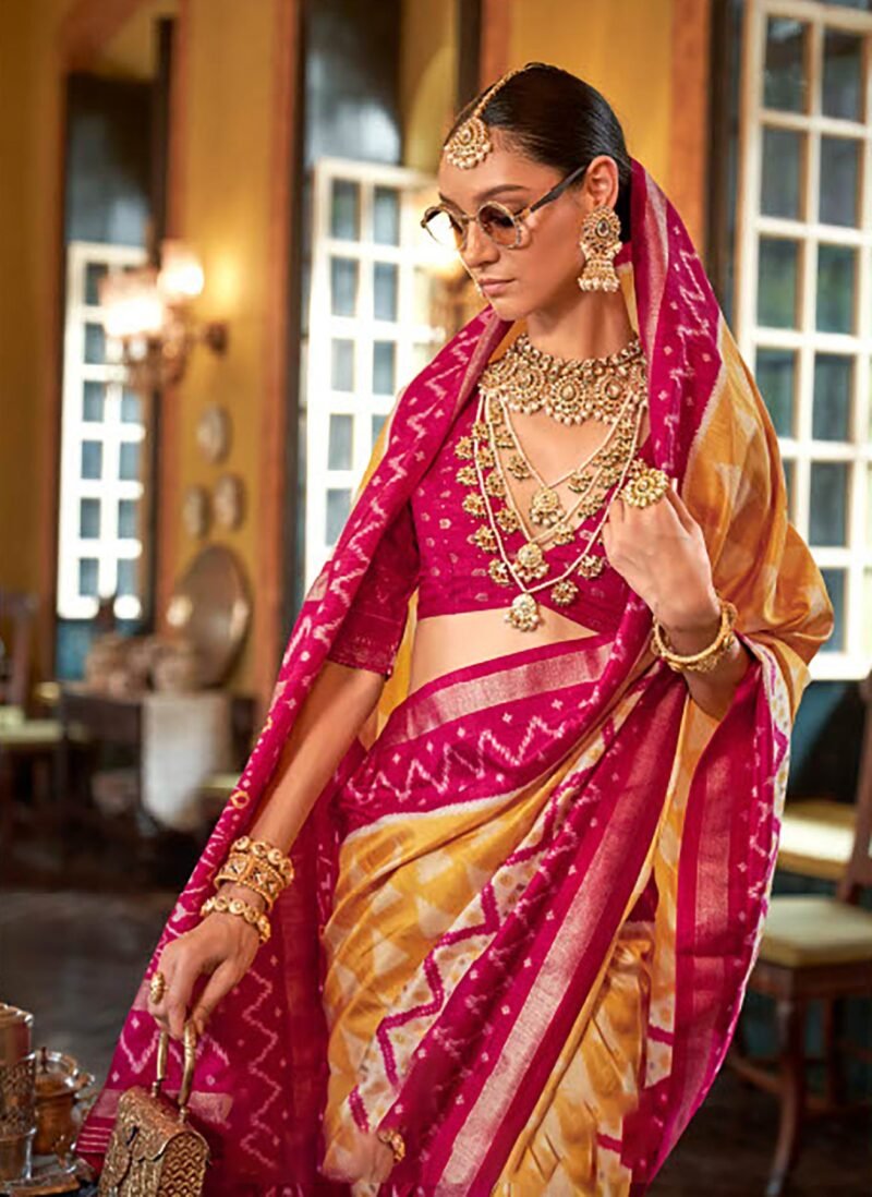 Yellow Polyester Viscose Silk Patola Printed Saree - Image 3