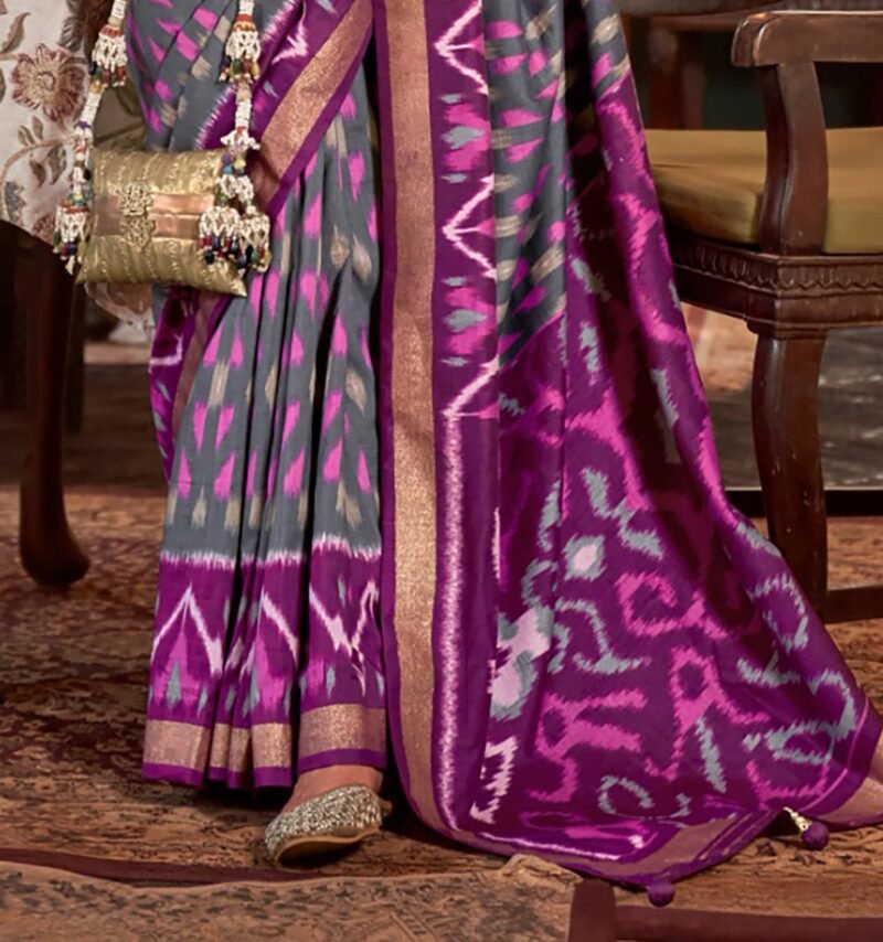 Grey Polyester Viscose Silk Patola Printed Saree - Image 3