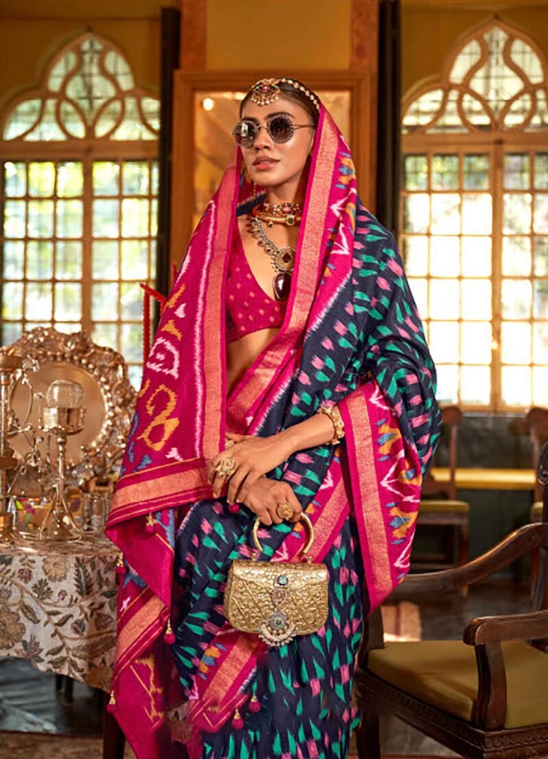 Dark Blue Polyester Viscose Silk Patola Printed Saree - Image 4