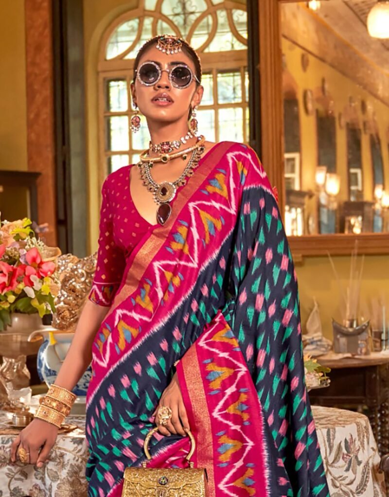 Dark Blue Polyester Viscose Silk Patola Printed Saree - Image 3