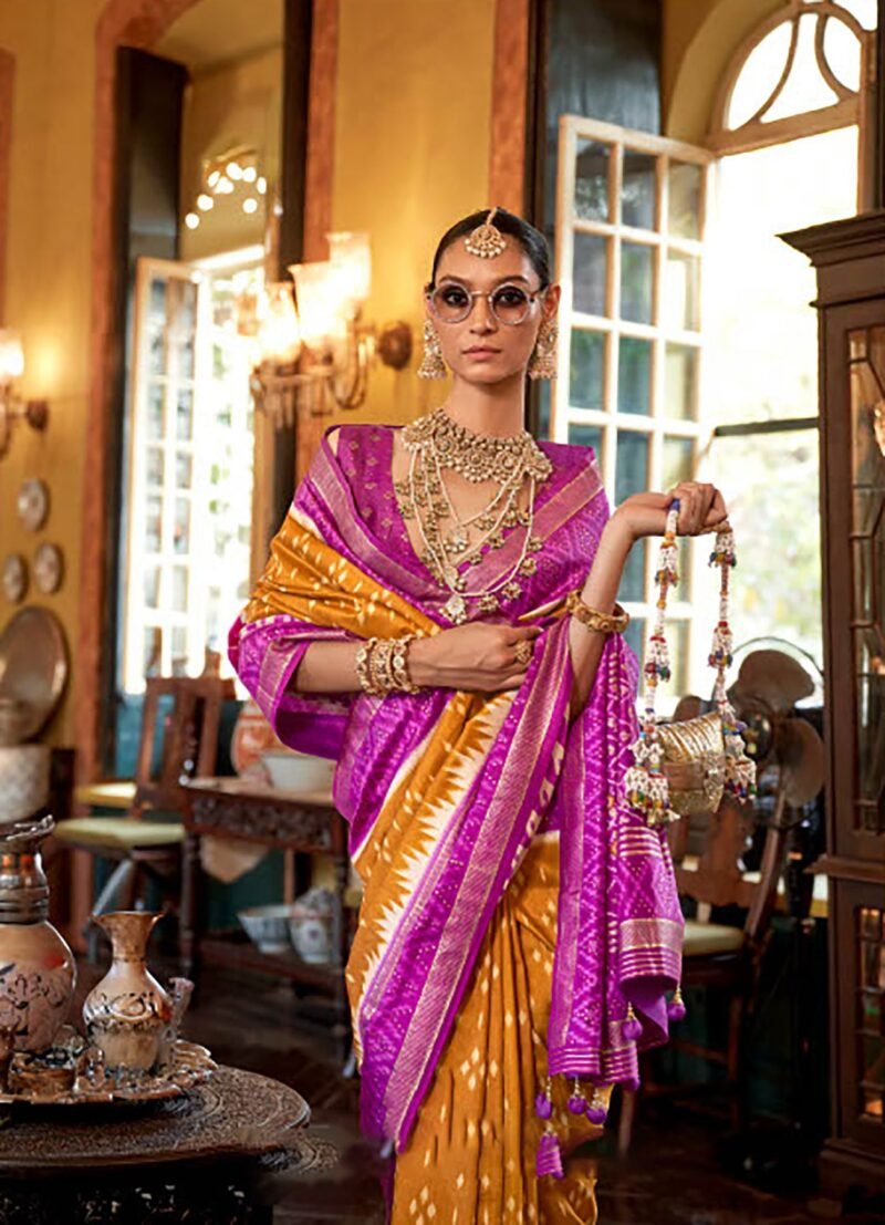 Orange Polyester Viscose Silk Patola Printed Saree - Image 4