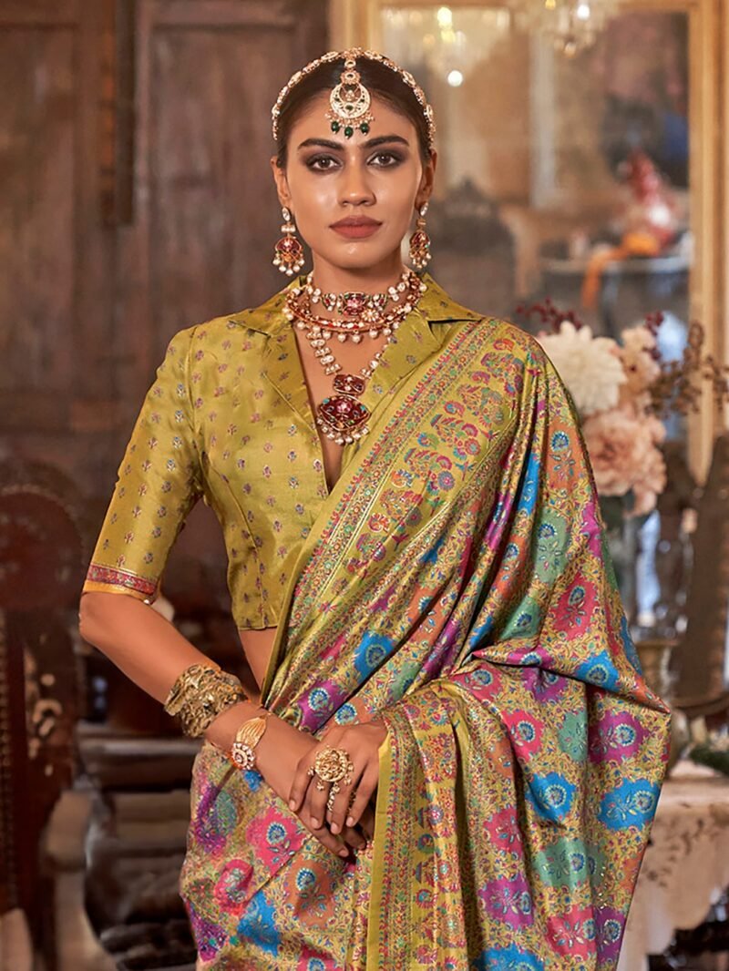 Husk Yellow Poly Viscose Silk Floral Pashmina Saree - Image 3