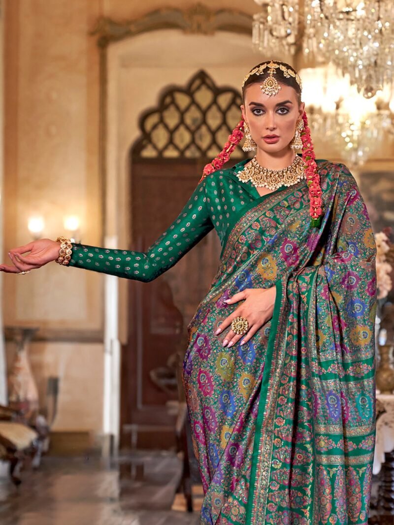 Green Poly Viscose Silk Floral Pashmina Saree - Image 3