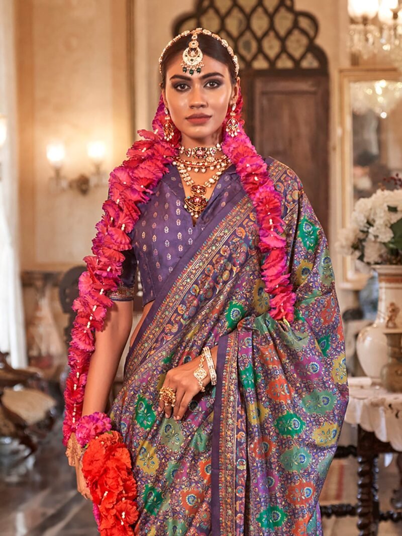 Dark Purple Poly Viscose Silk Floral Pashmina Saree - Image 3