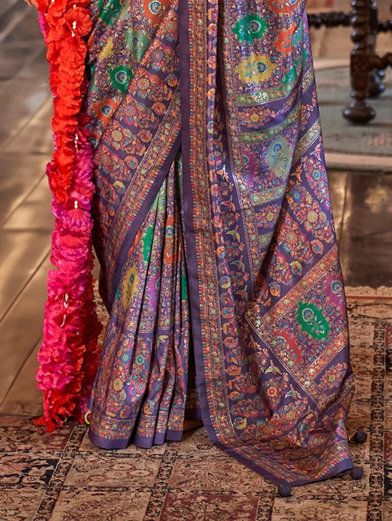 Dark Purple Poly Viscose Silk Floral Pashmina Saree - Image 2