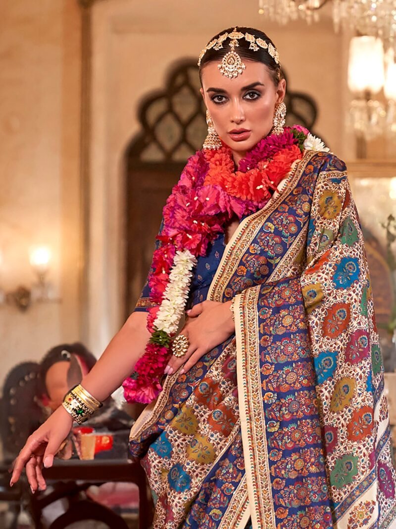 Beige Poly Viscose Silk Floral Pashmina Saree - Image 4