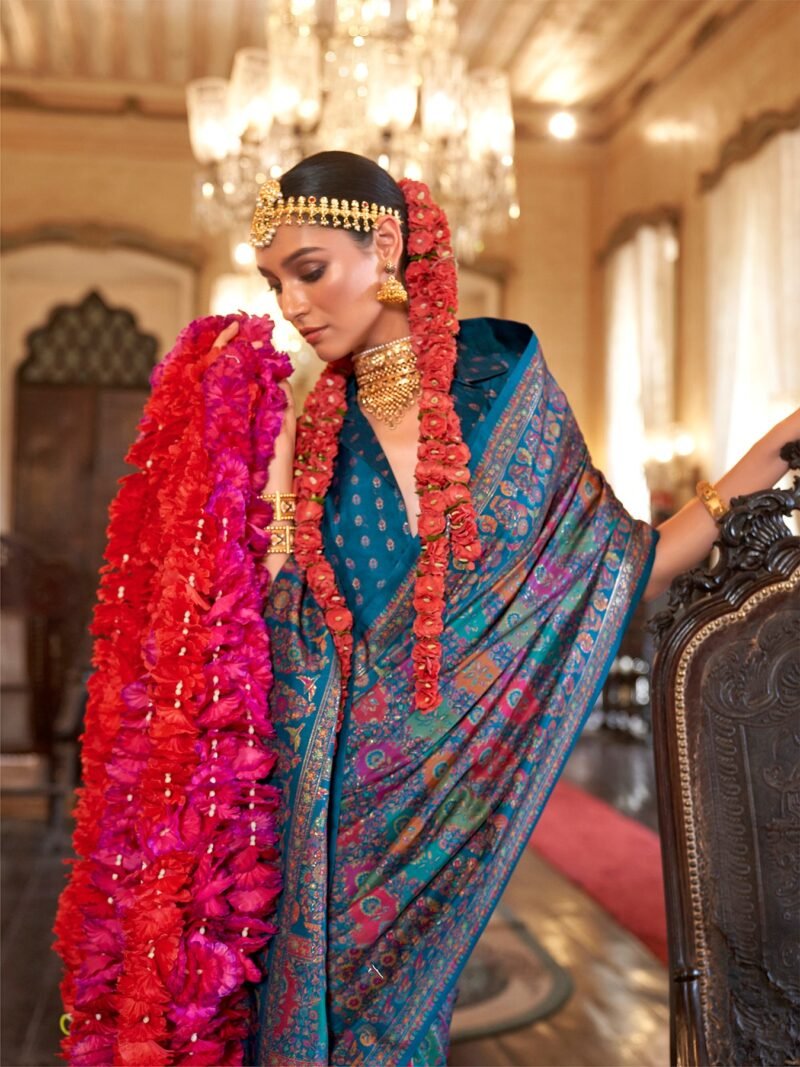 Blue Poly Viscose Silk Floral Pashmina Saree - Image 4