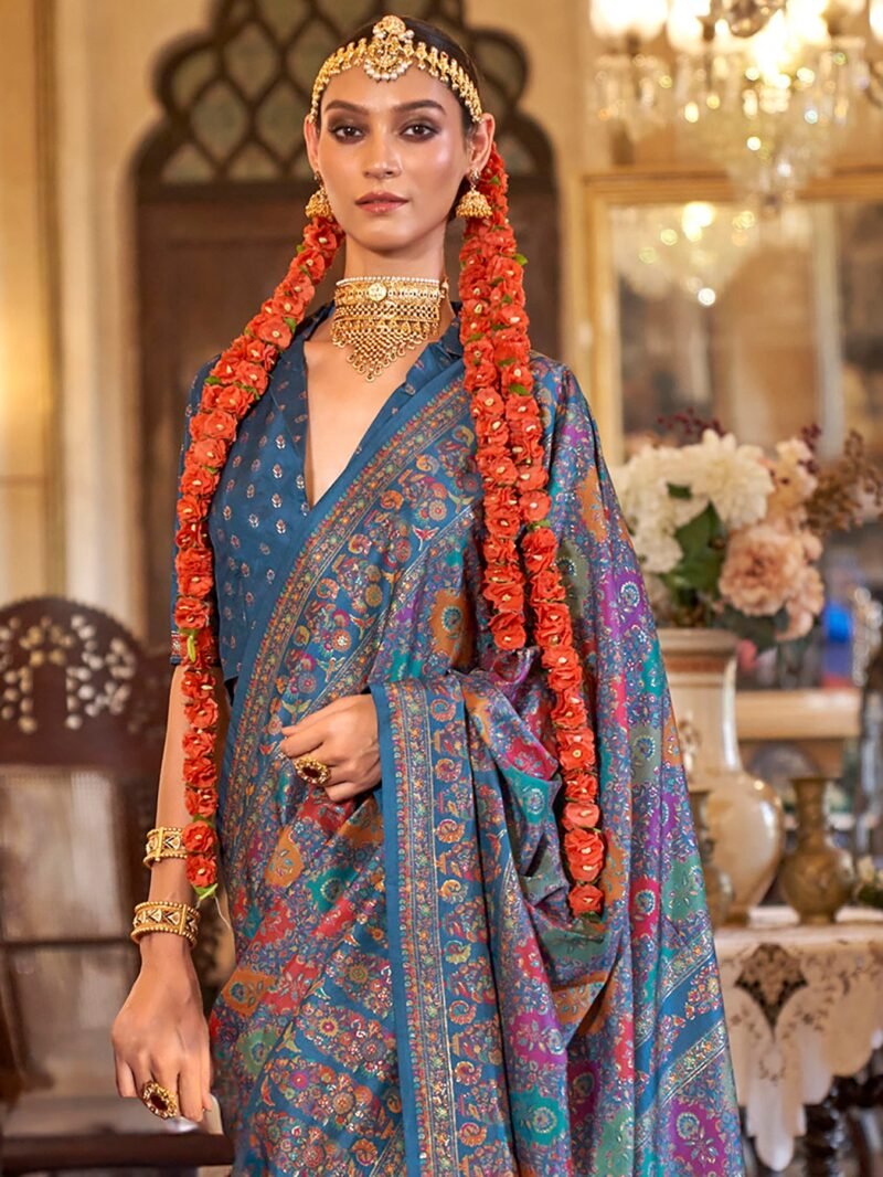 Blue Poly Viscose Silk Floral Pashmina Saree - Image 2