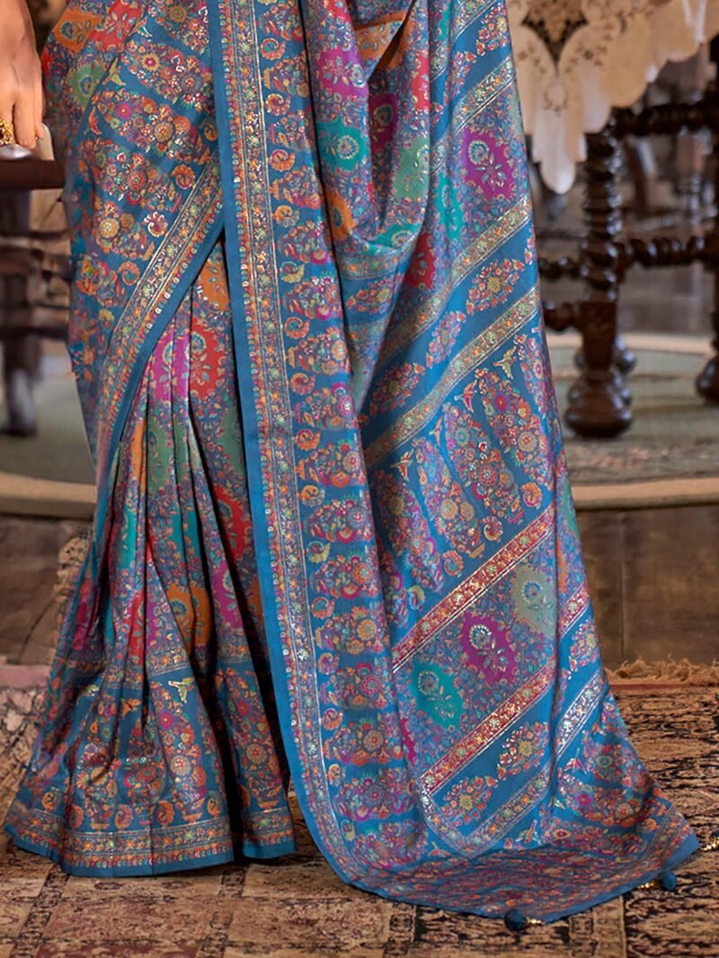 Blue Poly Viscose Silk Floral Pashmina Saree - Image 3