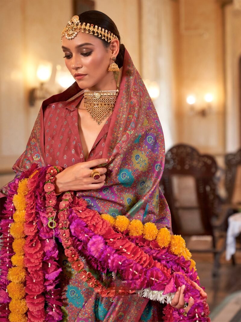 Maroon Poly Viscose Silk Floral Pashmina Saree - Image 4