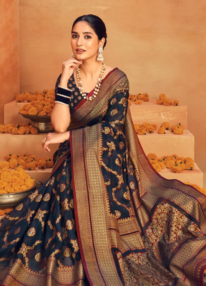 Navy Blue Poly Viscose Georgette Woven Banarasi Designer Saree - Image 3
