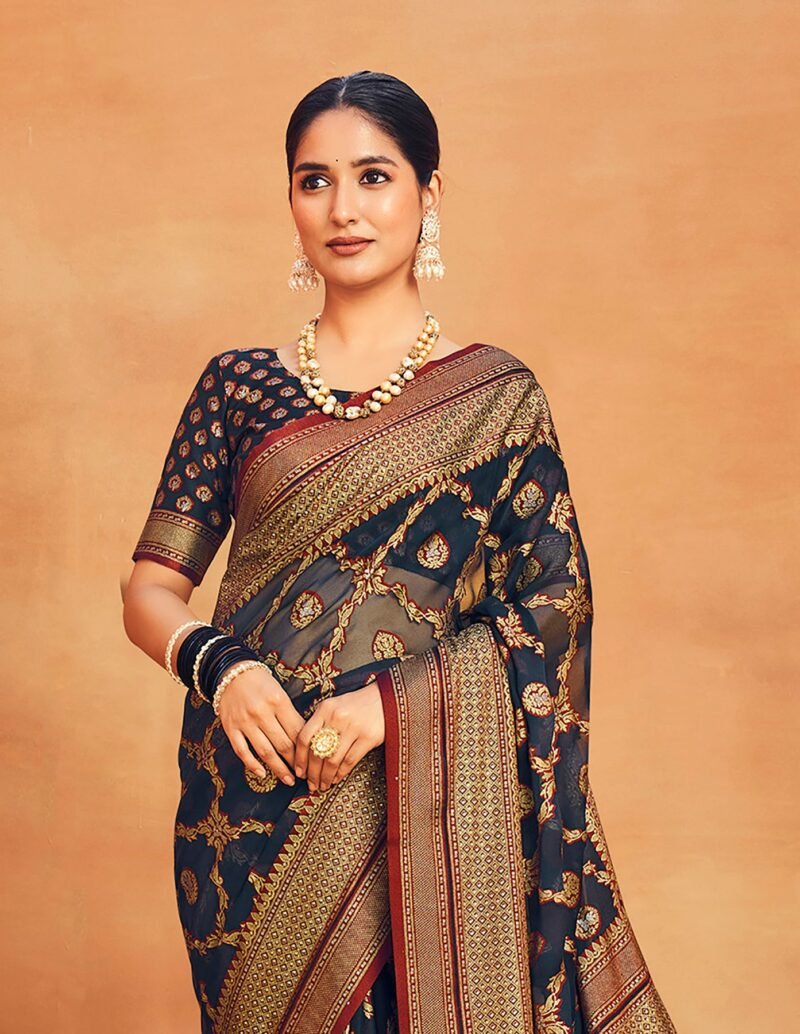Navy Blue Poly Viscose Georgette Woven Banarasi Designer Saree - Image 4