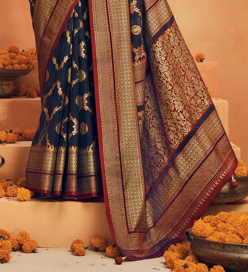 Navy Blue Poly Viscose Georgette Woven Banarasi Designer Saree - Image 2