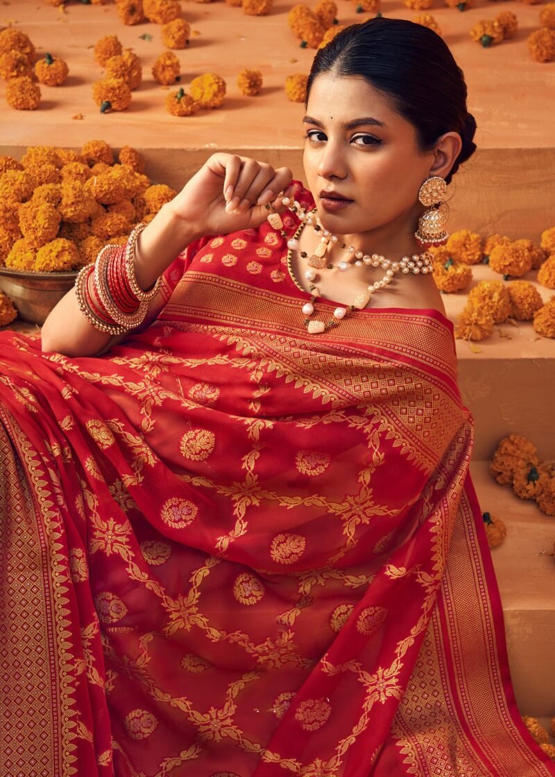 Red Poly Viscose Georgette Floral Banarasi Designer Saree - Image 3