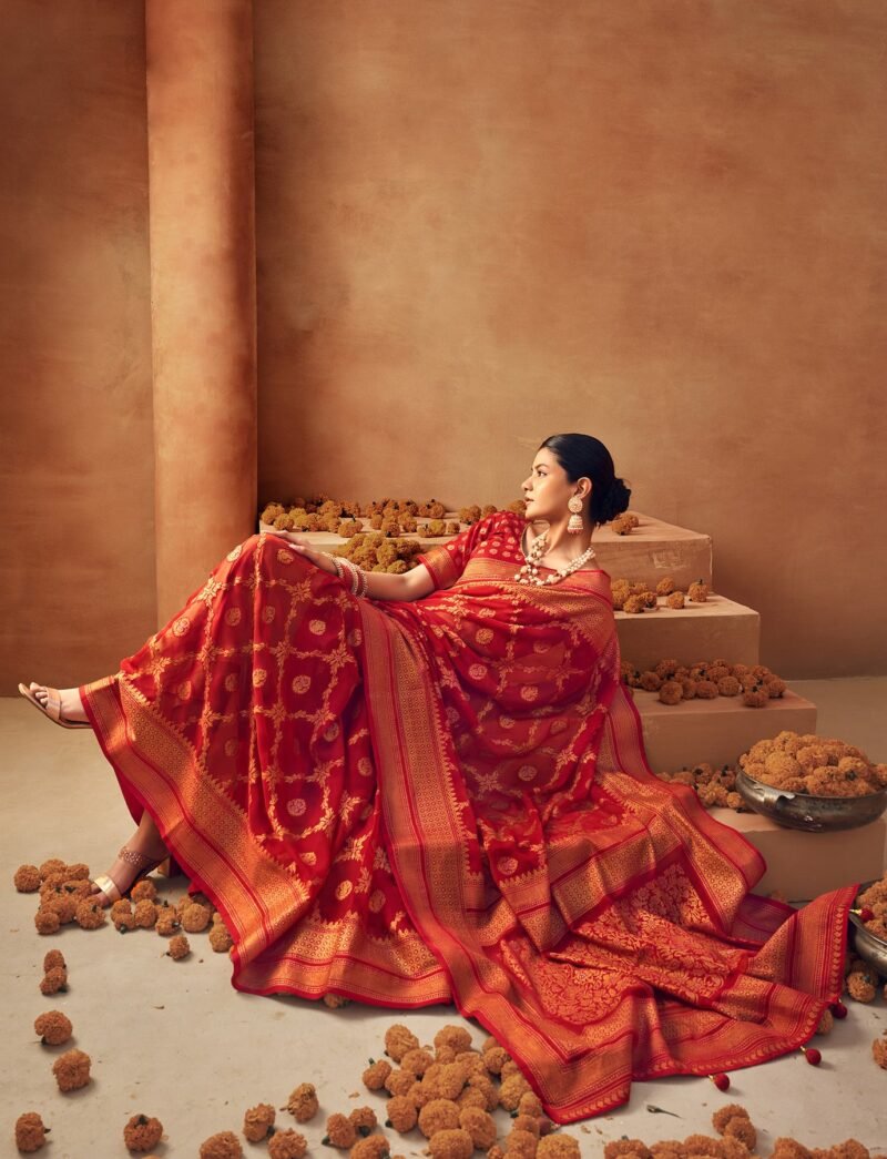 Red Poly Viscose Georgette Floral Banarasi Designer Saree - Image 4