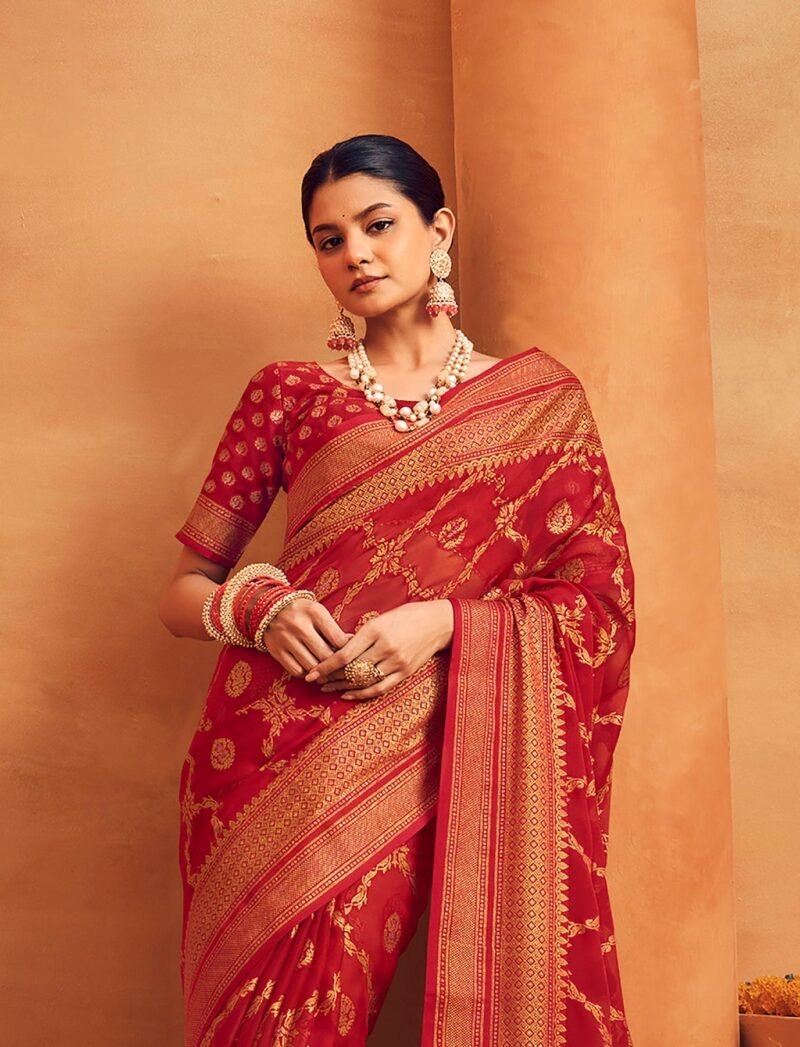 Red Poly Viscose Georgette Floral Banarasi Designer Saree - Image 2