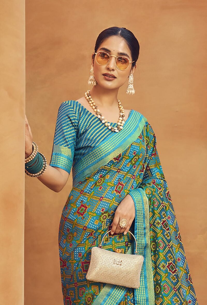 Blue Poly Viscose Georgette Geometric Banarasi Designer Saree - Image 4