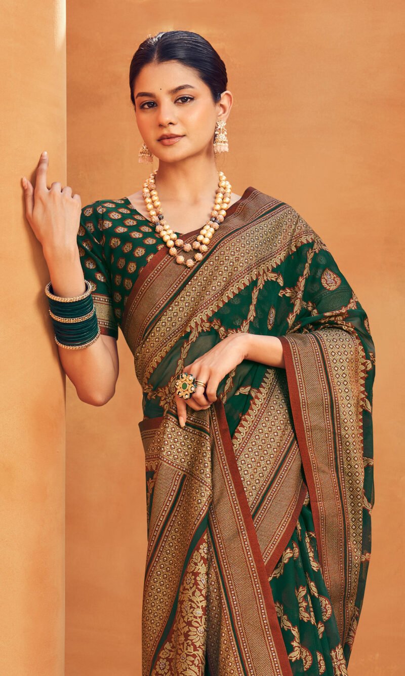 Dark Green Poly Viscose Georgette Woven Banarasi Designer Saree - Image 3
