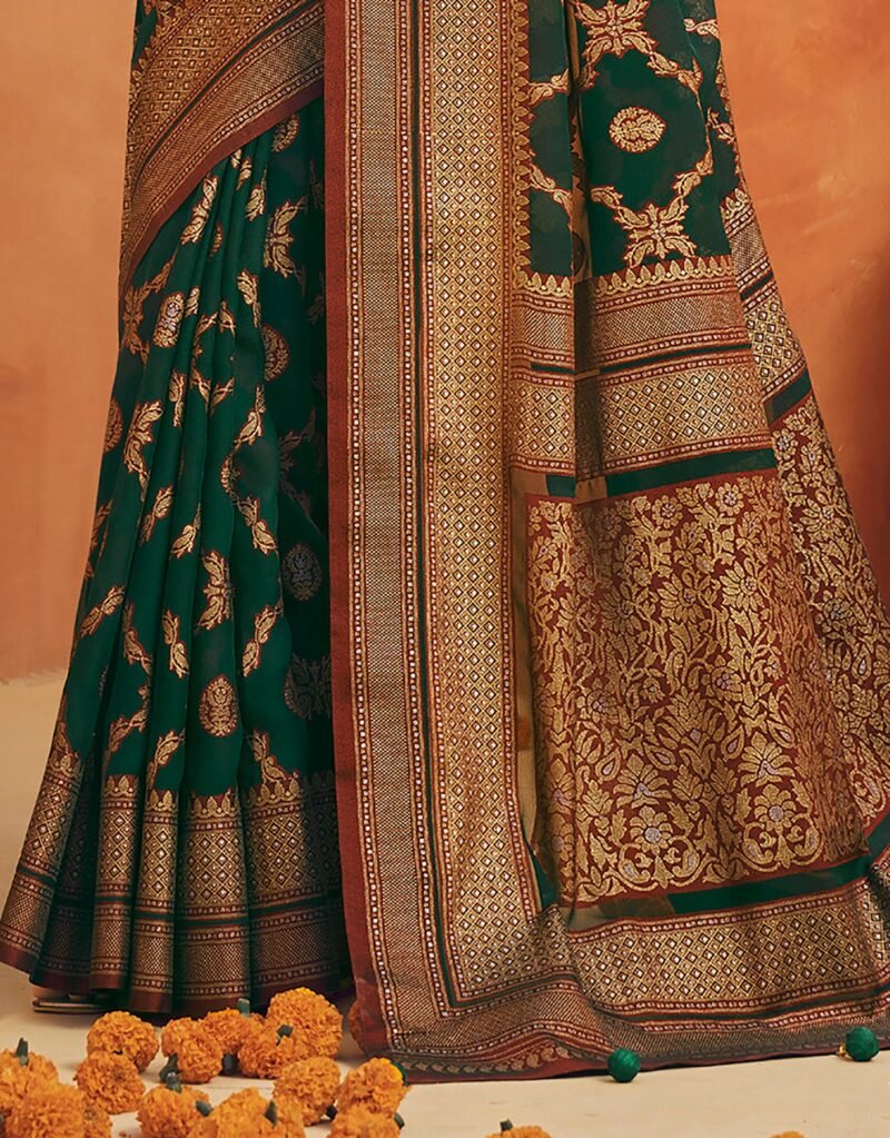 Dark Green Poly Viscose Georgette Woven Banarasi Designer Saree - Image 2