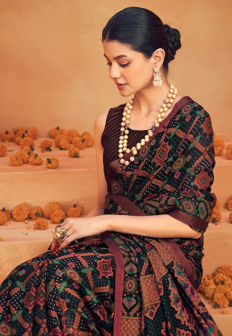 Black Poly Viscose Georgette Geometric Banarasi Designer Saree - Image 3