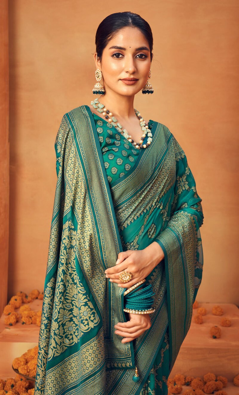 Teal Poly Viscose Georgette Woven Banarasi Designer Saree - Image 3
