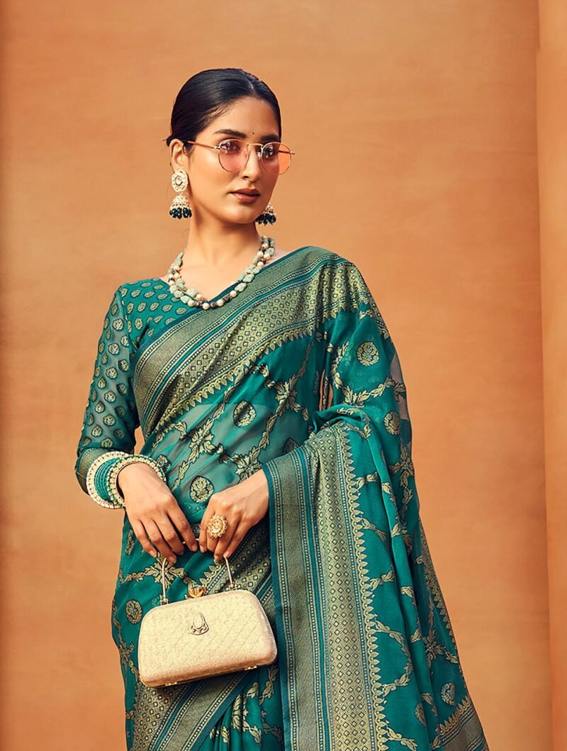Teal Poly Viscose Georgette Woven Banarasi Designer Saree - Image 4