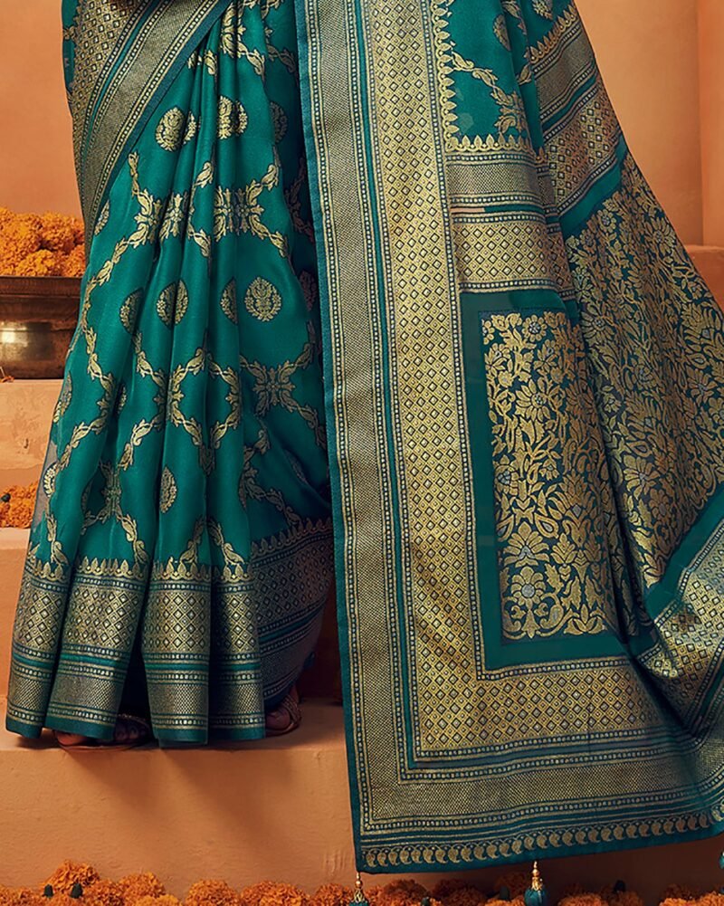 Teal Poly Viscose Georgette Woven Banarasi Designer Saree - Image 2