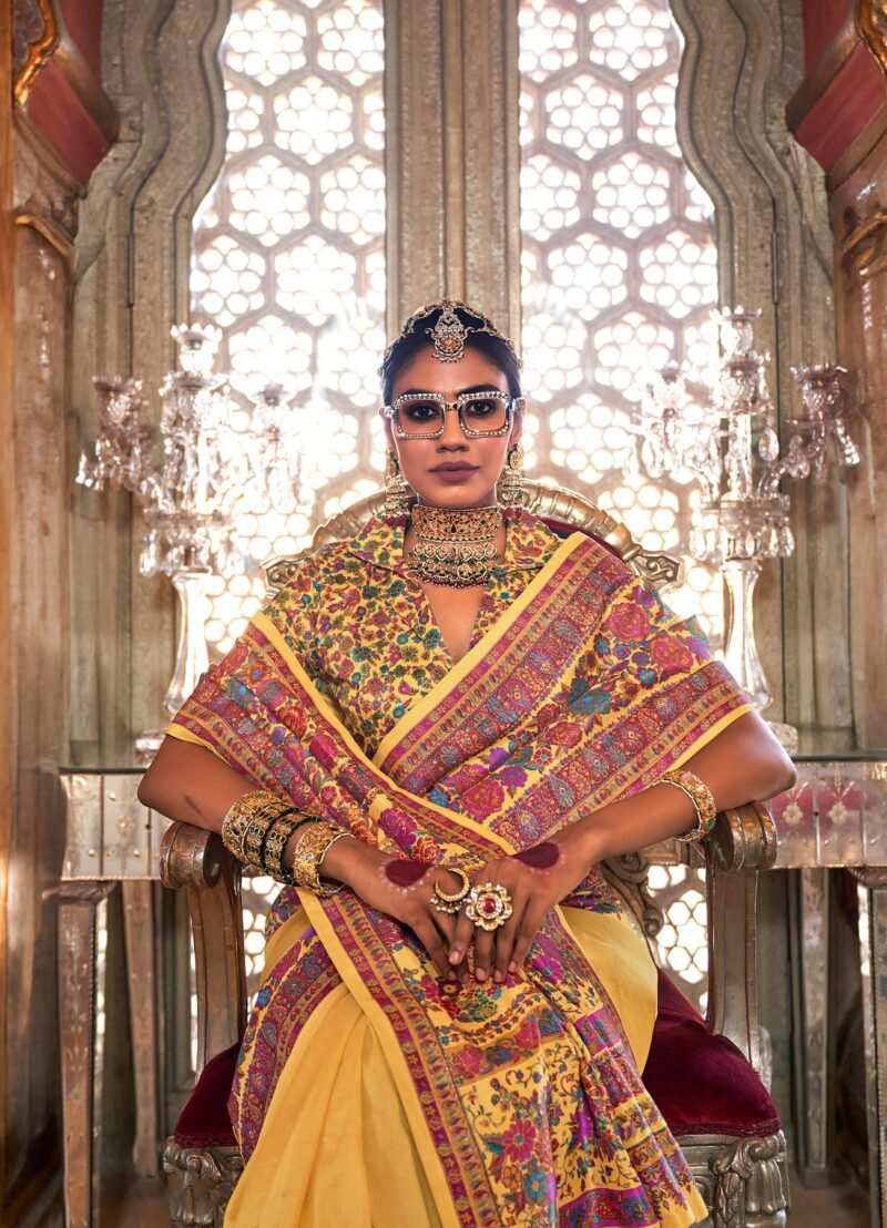 Golden Yellow Poly Viscose Silk Pashmina Saree with Floral Prints - Image 3