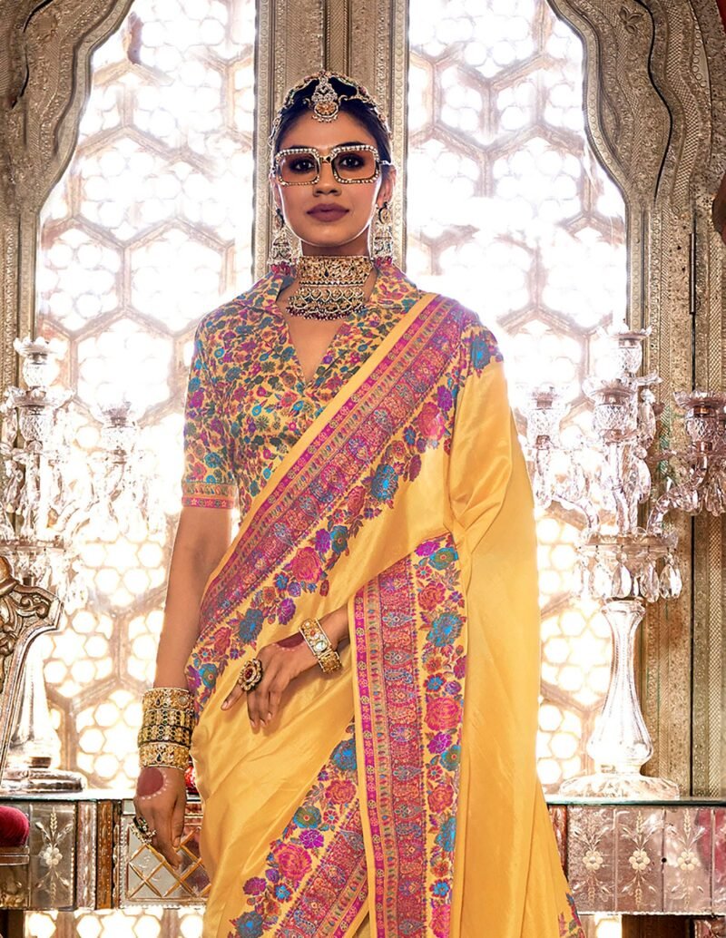 Golden Yellow Poly Viscose Silk Pashmina Saree with Floral Prints - Image 4