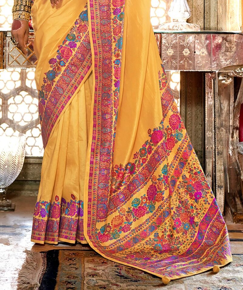 Golden Yellow Poly Viscose Silk Pashmina Saree with Floral Prints - Image 2