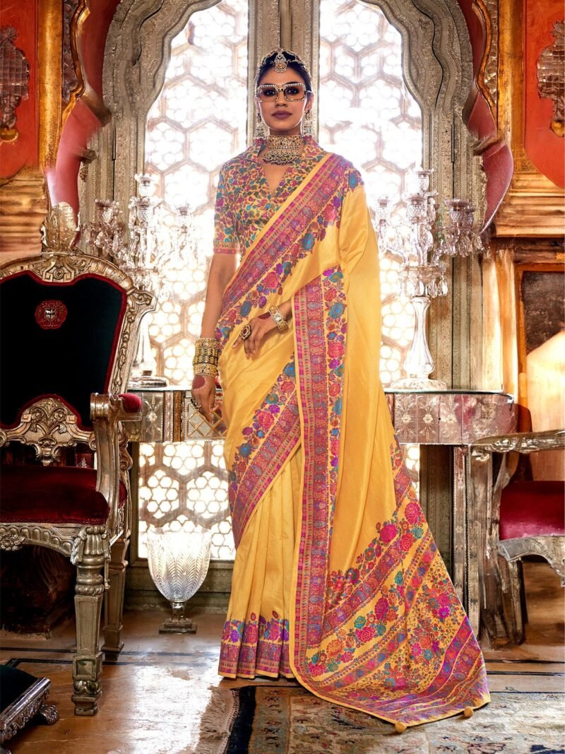 RCRW7501_f3ef43d0-195a-417f-bbca-8a4f7c97c851_1800x1800 Golden Yellow Poly Viscose Silk Pashmina Saree with Floral Prints - Image 1