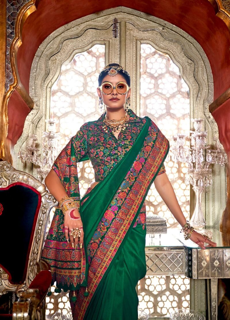 Dark Green Poly Viscose Silk Pashmina Saree with Floral Prints - Image 2