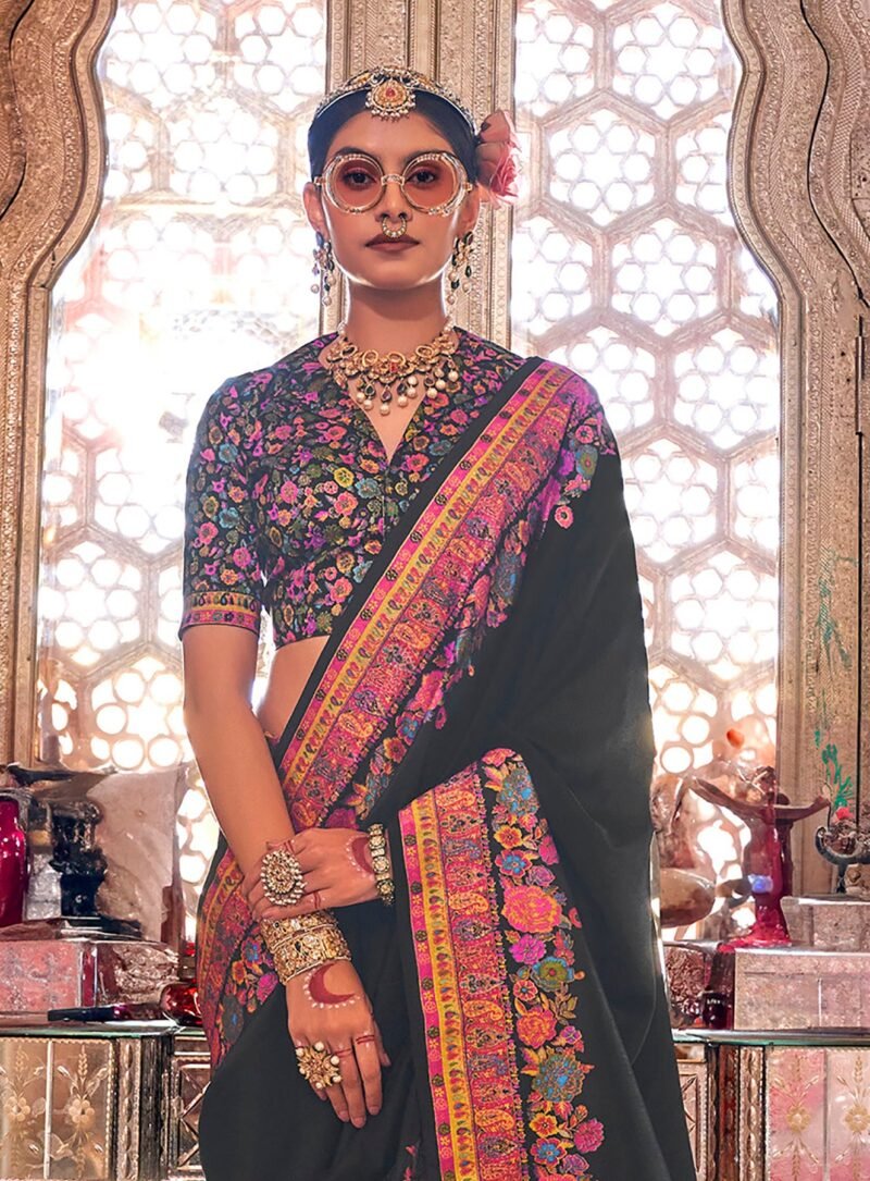 Black Poly Viscose Silk Pashmina Saree with Floral Prints - Image 4