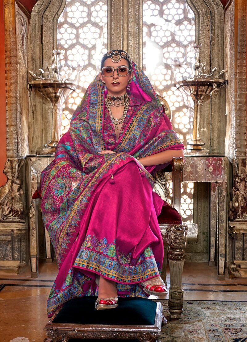 Rani Pink Poly Viscose Silk Pashmina Saree with Floral Prints - Image 3