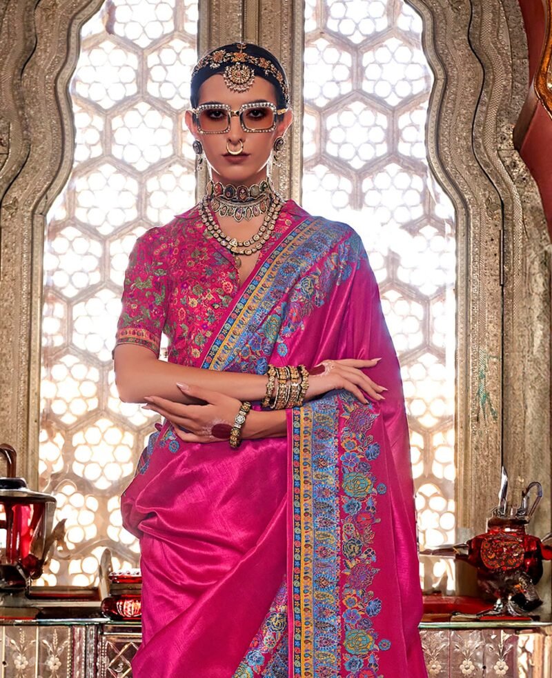 Rani Pink Poly Viscose Silk Pashmina Saree with Floral Prints - Image 4