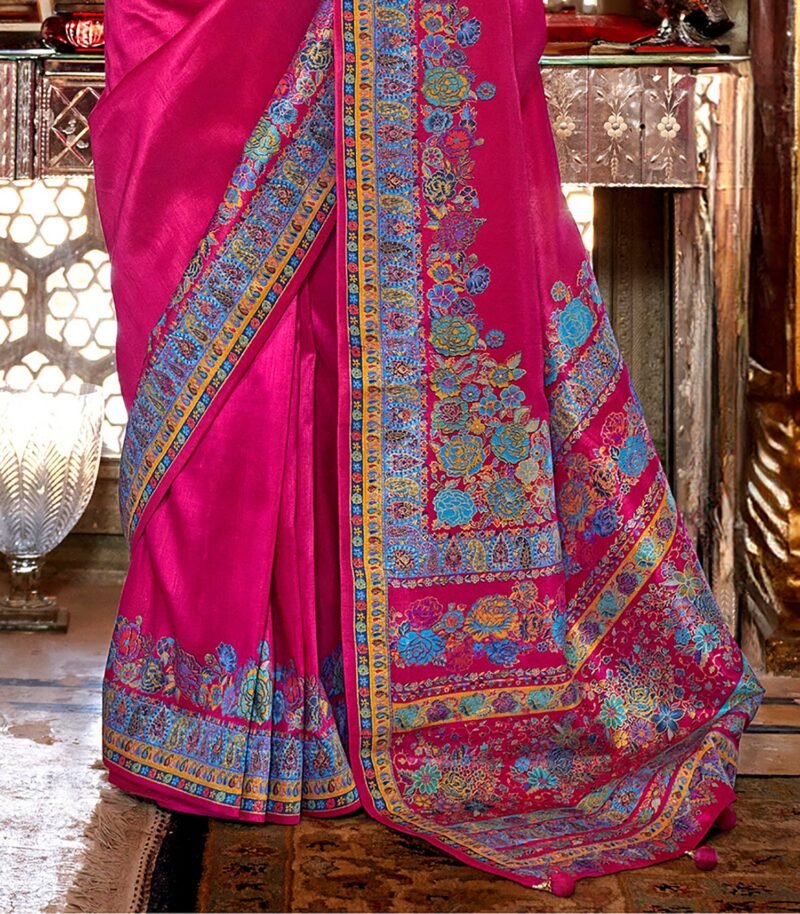 Rani Pink Poly Viscose Silk Pashmina Saree with Floral Prints - Image 2