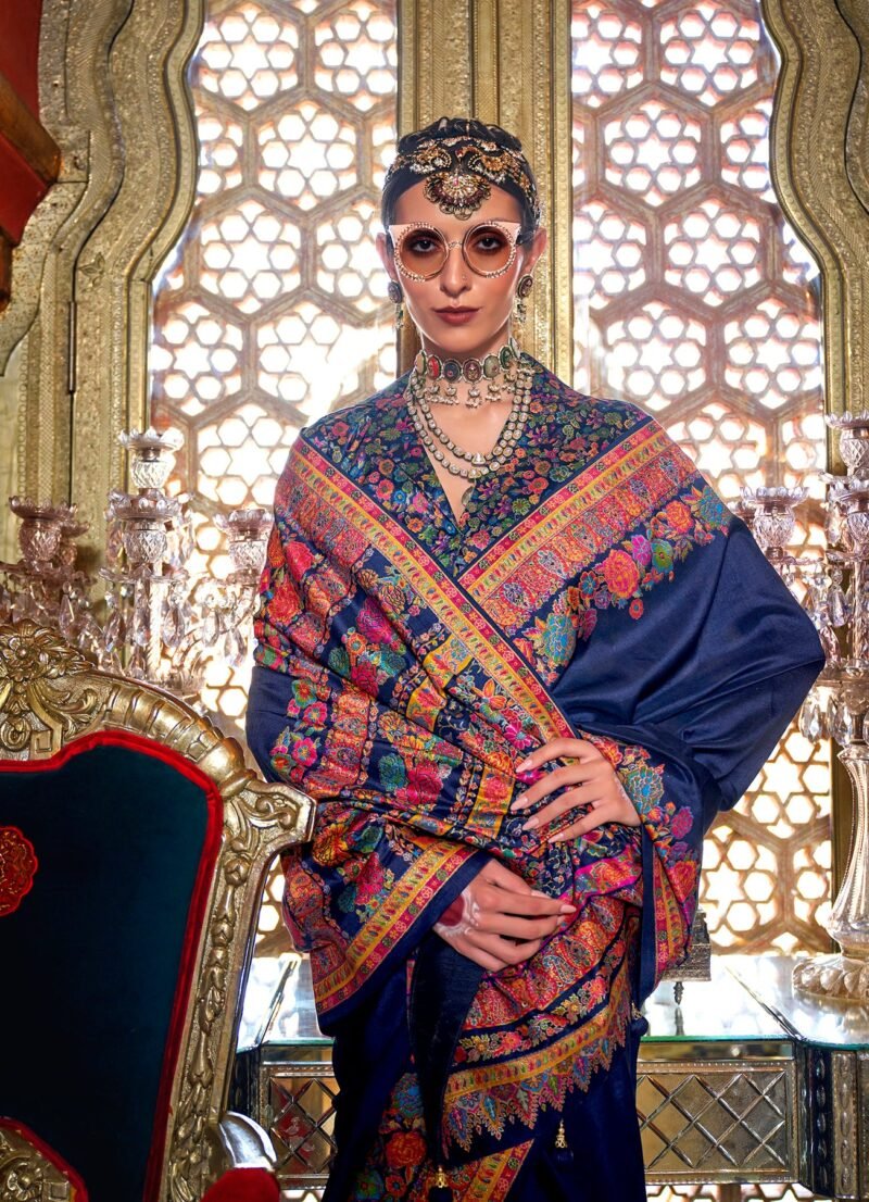Navy Blue Poly Viscose Silk Pashmina Saree with Floral Prints - Image 3