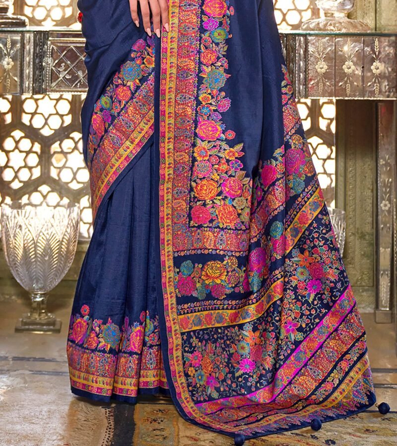 Navy Blue Poly Viscose Silk Pashmina Saree with Floral Prints - Image 2