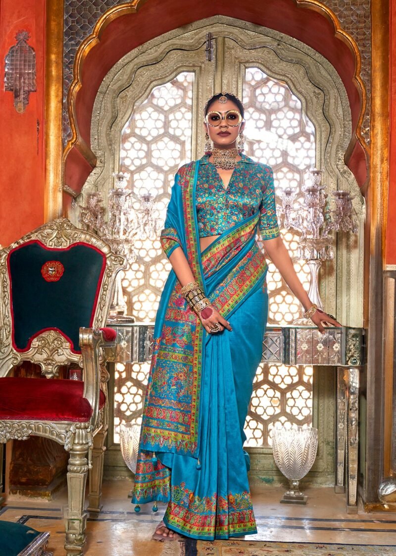 Royal Blue Poly Viscose Silk Pashmina Saree with Floral Prints - Image 3