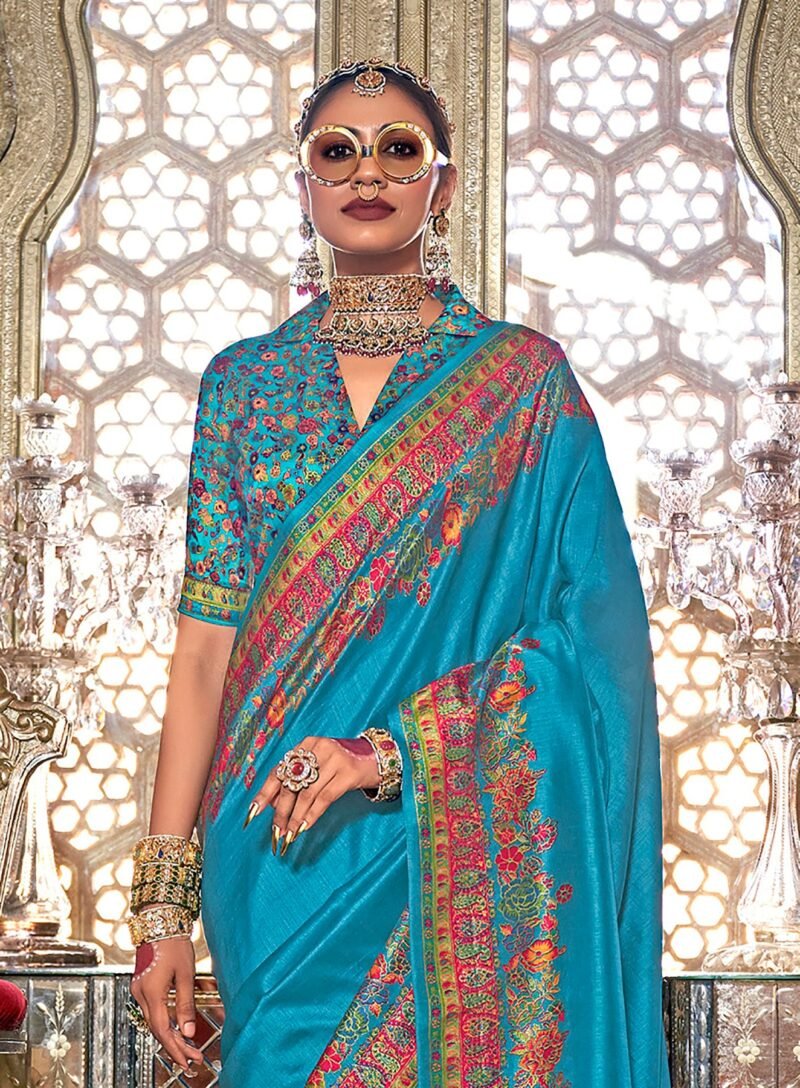 Royal Blue Poly Viscose Silk Pashmina Saree with Floral Prints - Image 4