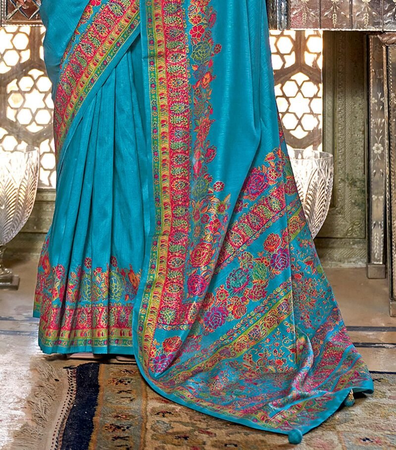 Royal Blue Poly Viscose Silk Pashmina Saree with Floral Prints - Image 2