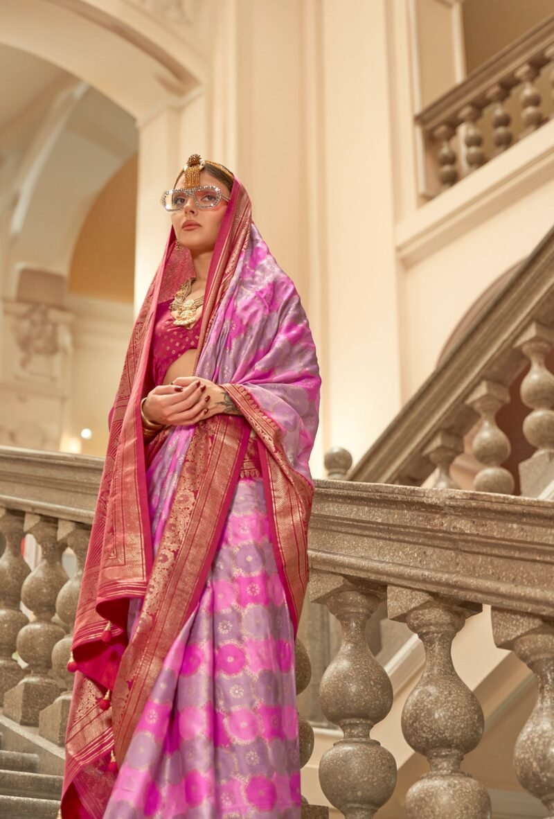 Pink Poly Viscose Satin Silk Color Block Rangat Woven Foil Printed Saree - Image 4